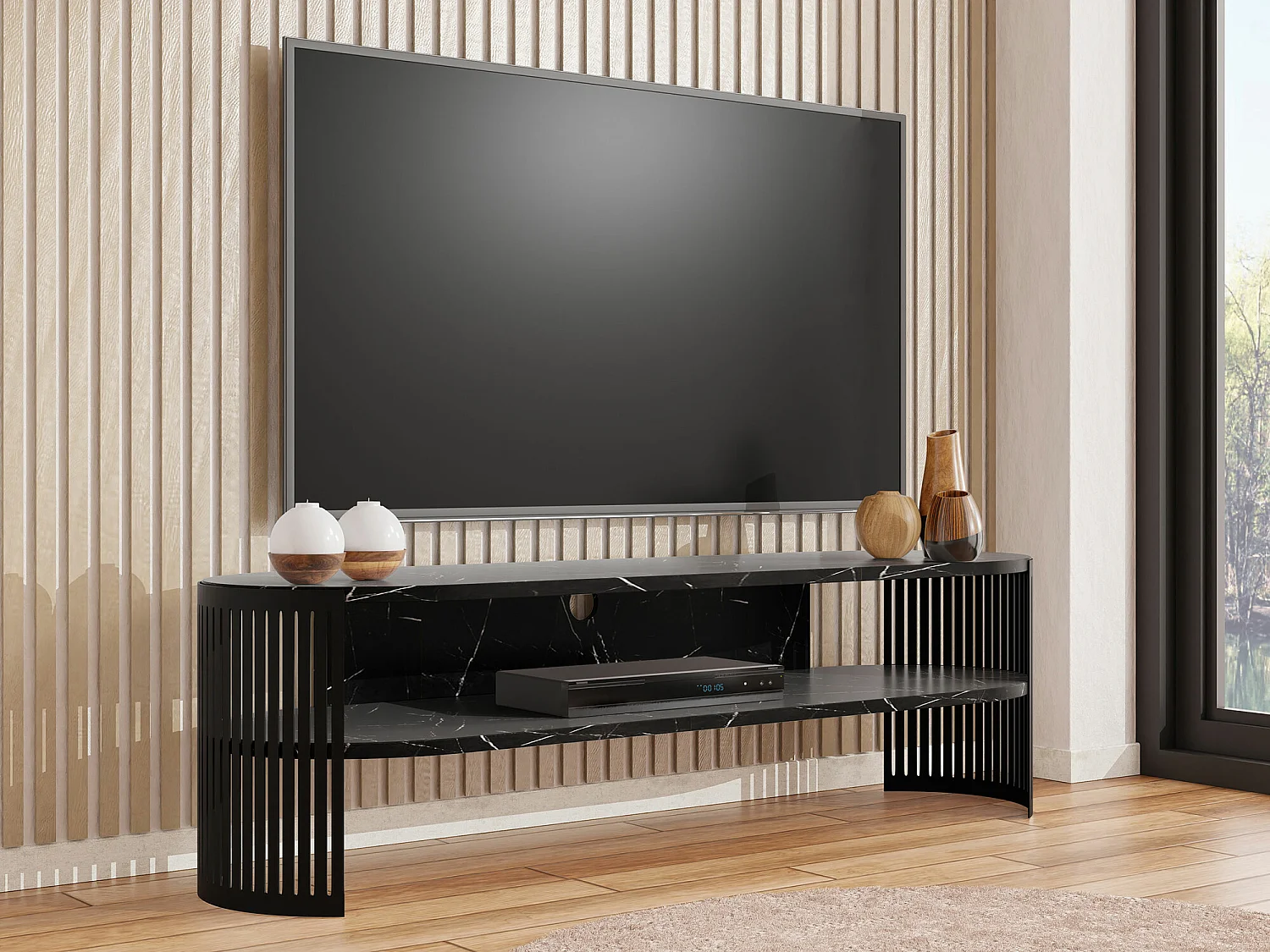 Meuble TV Sordore 121, Marbre noir|Noir, 140x40x40cm