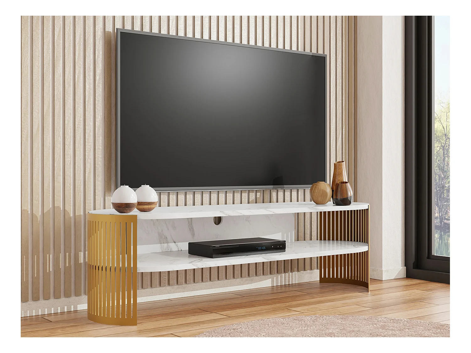 Meuble TV Sordore 122, Doré|Marbre blanc, 140x44x40cm