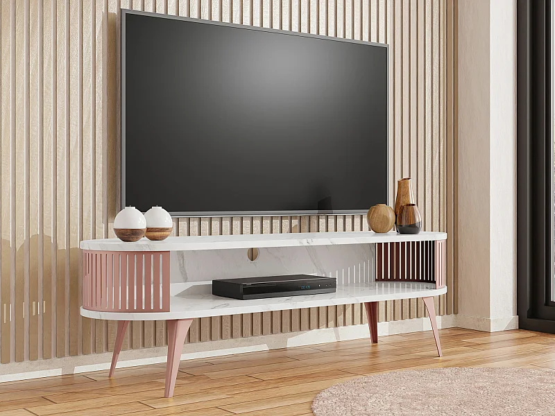 Meuble TV Sordore 110, Rose|Marbre noir, 140x44x40cm