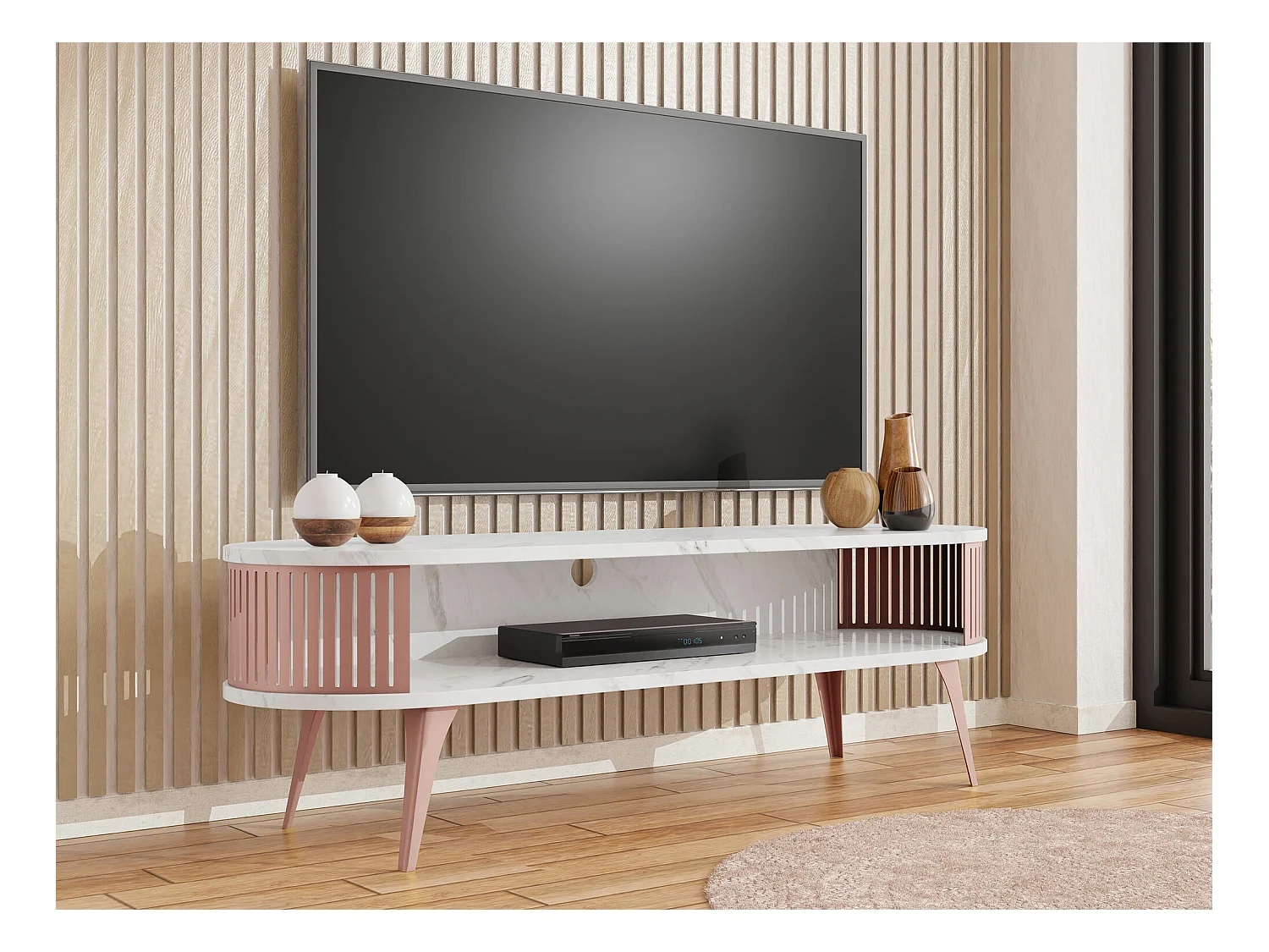 Meuble TV Sordore 110, Marbre noir|Rose, 140x44x40cm