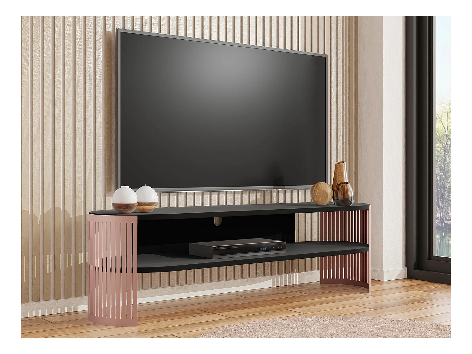 Meuble TV Sordore 123, Noir|Rose, 140x44x40cm