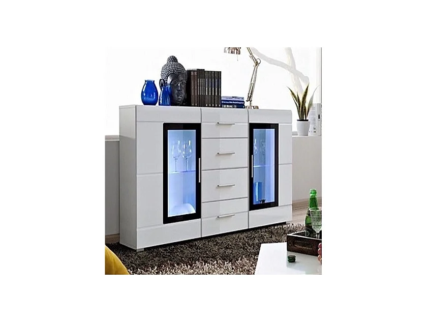 Buffet KRONI avec Éclairage LED - 4 Tiroirs et 2 Portes Vitres - Blanc Mat et Brillant - 150 x 82 x 40 cm