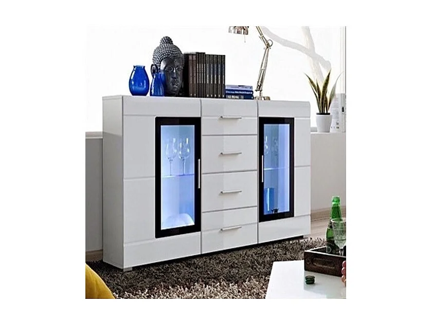 Buffet KRONI con Illuminazione LED - 4 Cassetti e 2 Porte in Vetro - Bianco Opaco e Lucido - 150 x 82 x 40 cm