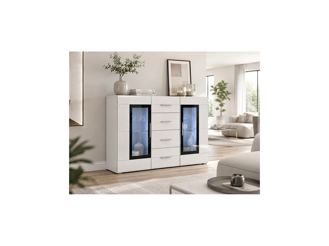 Buffet KRONI con Iluminación LED - 4 Cajones y 2 Puertas de Vidrio - Blanco Mate y Brillante - 150 x 82 x 40 cm