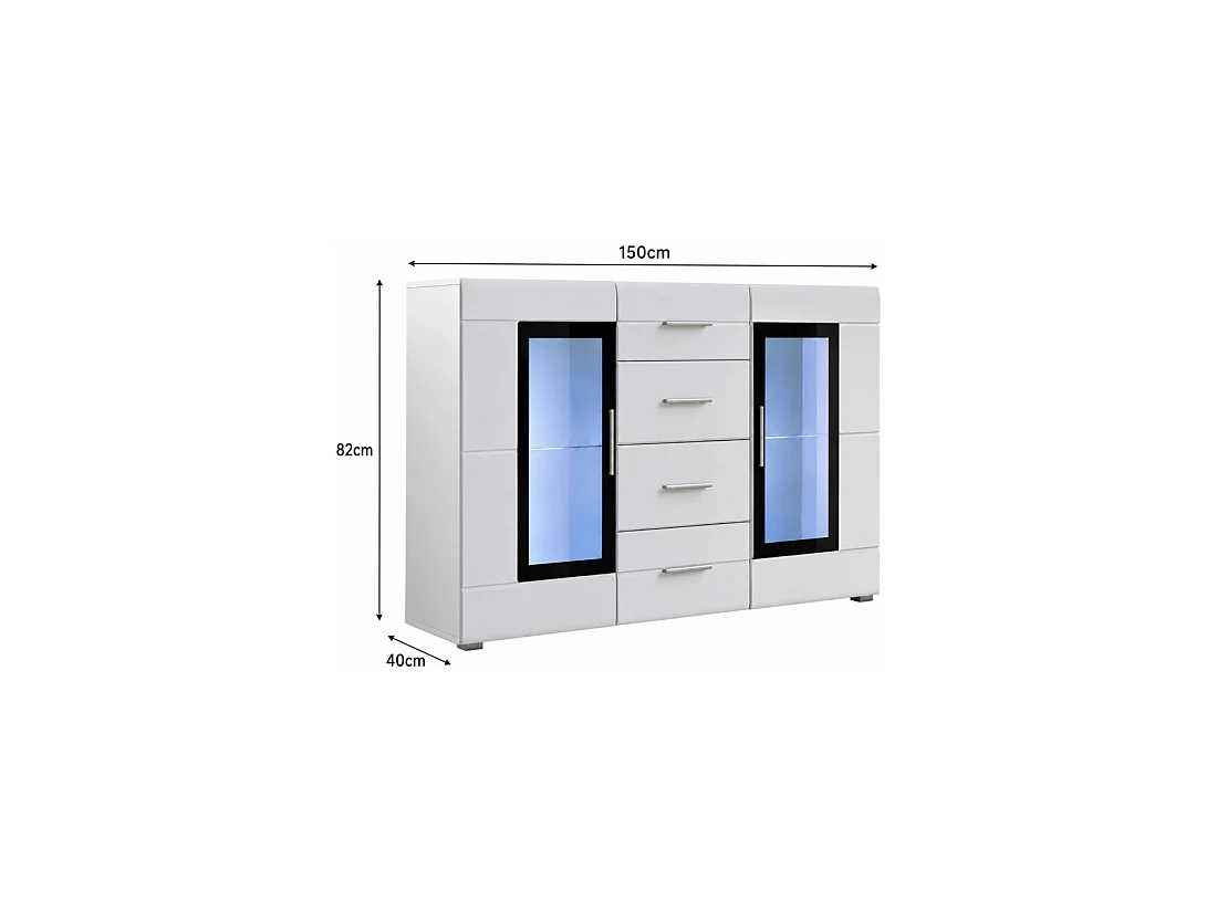 Buffet KRONI con Iluminación LED - 4 Cajones y 2 Puertas de Vidrio - Blanco Mate y Brillante - 150 x 82 x 40 cm