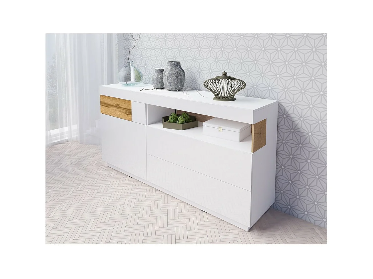 Buffet collection KILES 170cm, Coloris blanc et chêne. Style design