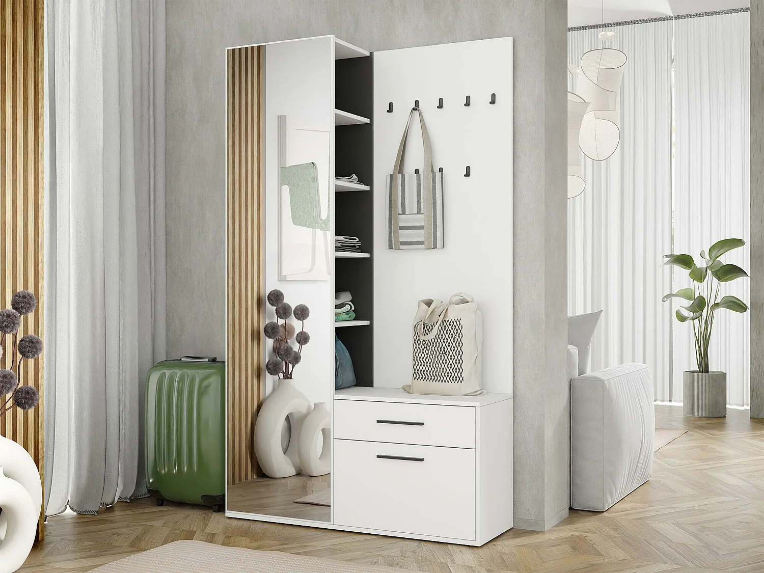 Meuble d'entrée Comfivo 427, 190x110x35cm, Miroir, Blanc|Noir, Stratifié, À poser