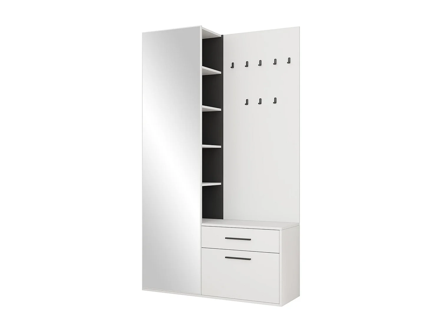 Meuble d'entrée Comfivo 427, 190x110x35cm, Miroir, Blanc|Noir, Stratifié, À poser