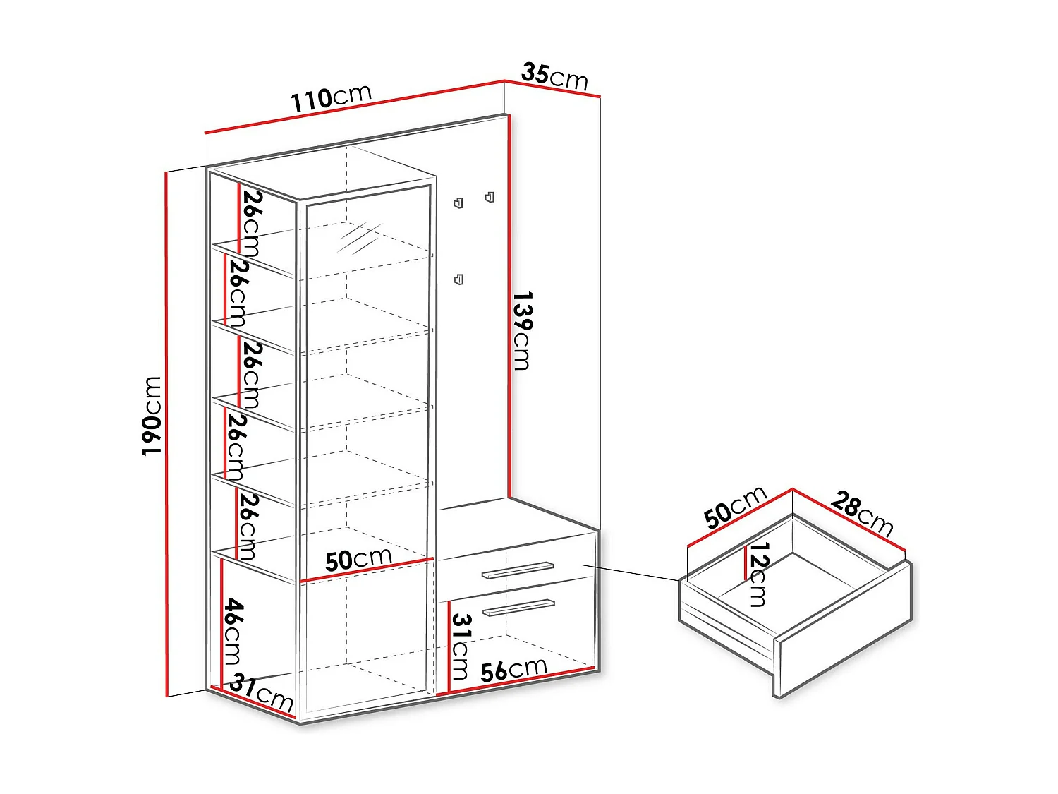 Meuble d'entrée Comfivo 427, 190x110x35cm, Miroir, Blanc|Noir, Stratifié, À poser