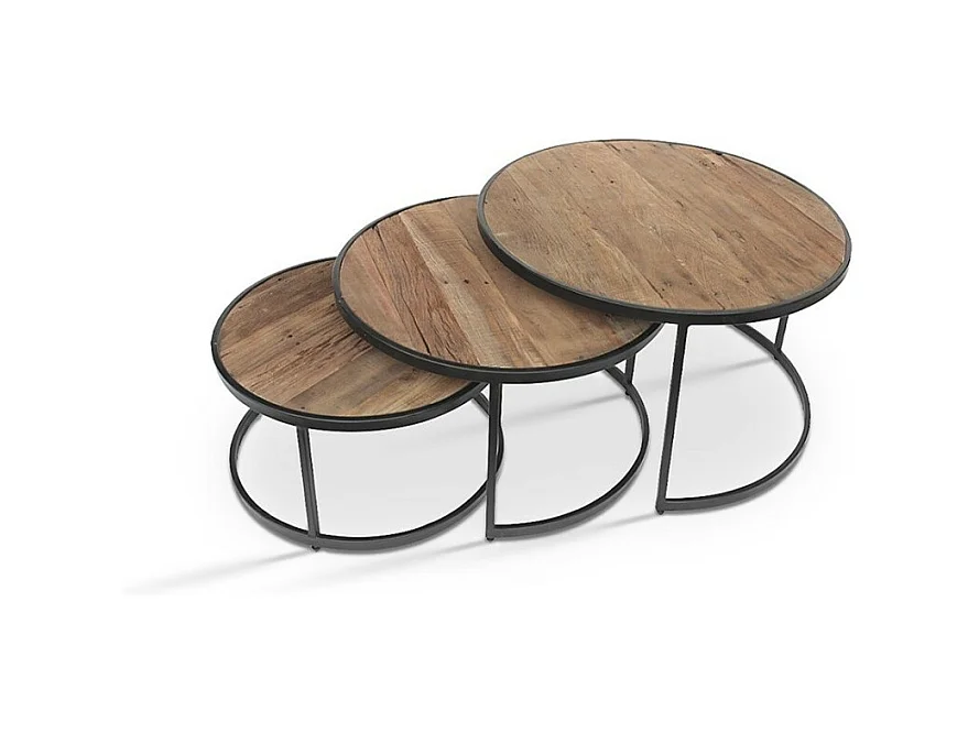 Mesa baja LEROY, mesa nido, superficie de madera maciza exótica Mangolia, ideal para un salón contemporáneo.