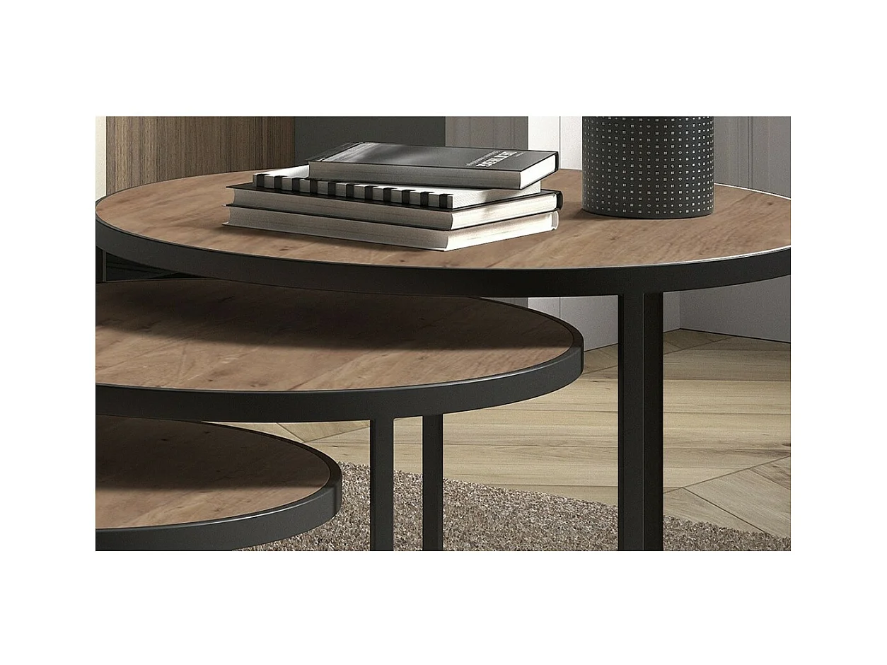 Mesa baja LEROY, mesa nido, superficie de madera maciza exótica Mangolia, ideal para un salón contemporáneo.