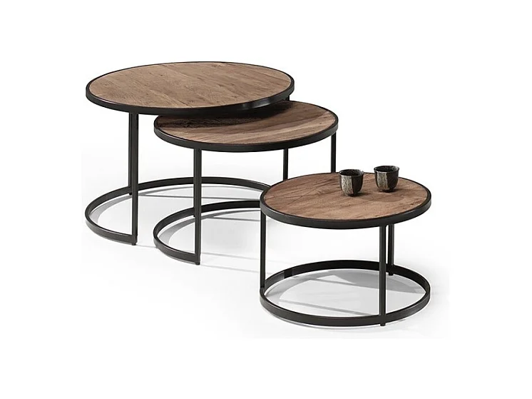 Mesa baja LEROY, mesa nido, superficie de madera maciza exótica Mangolia, ideal para un salón contemporáneo.