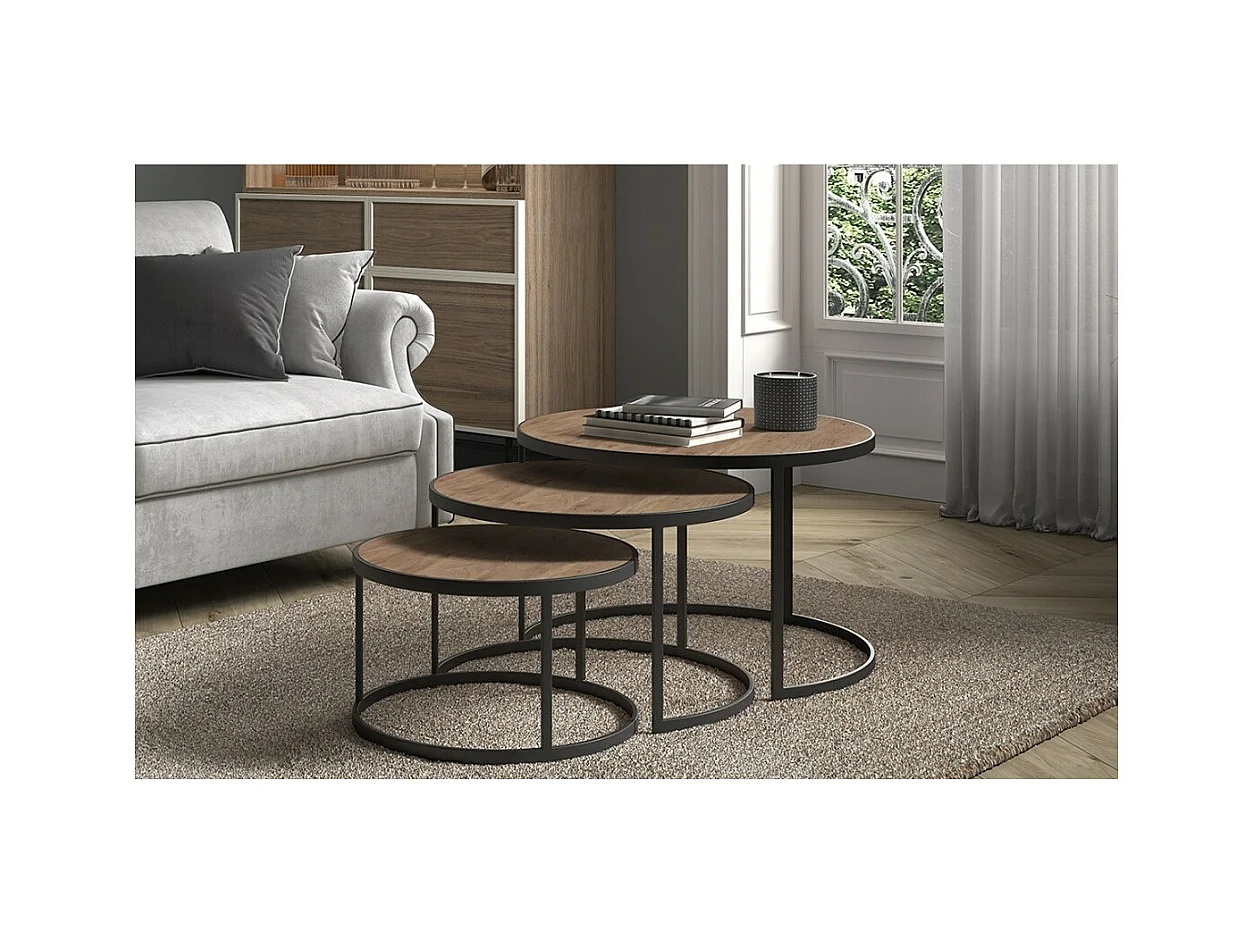 Mesa baja LEROY, mesa nido, superficie de madera maciza exótica Mangolia, ideal para un salón contemporáneo.