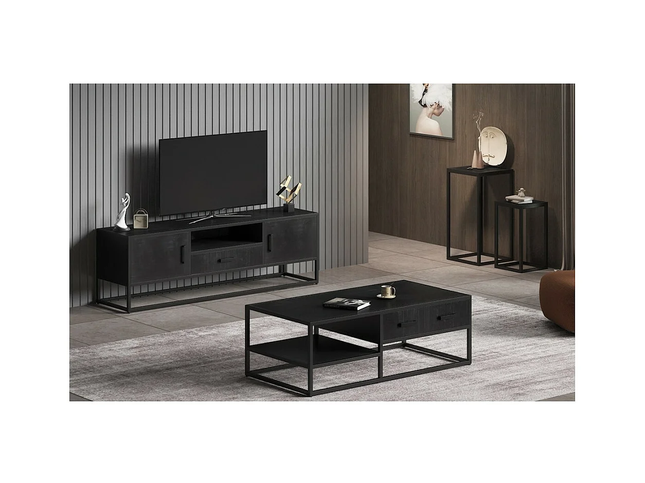 Beistelltische GOA für das Wohnzimmer aus massivem schwarzen Holz. Möbel im Industriestil