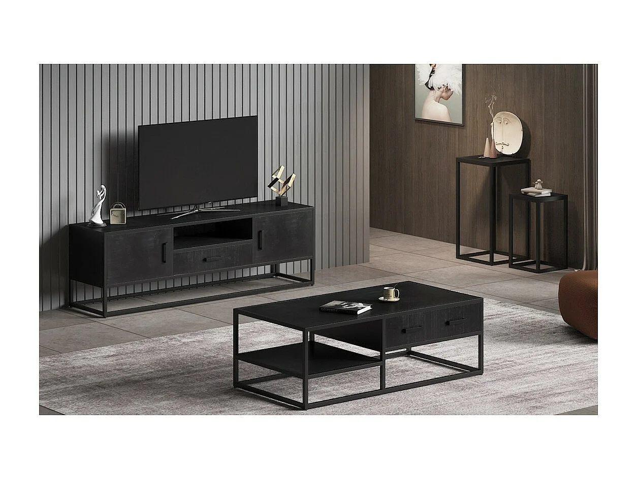 Tables d'appoint GOA – Lot de 2 en bois massif noir style industriel