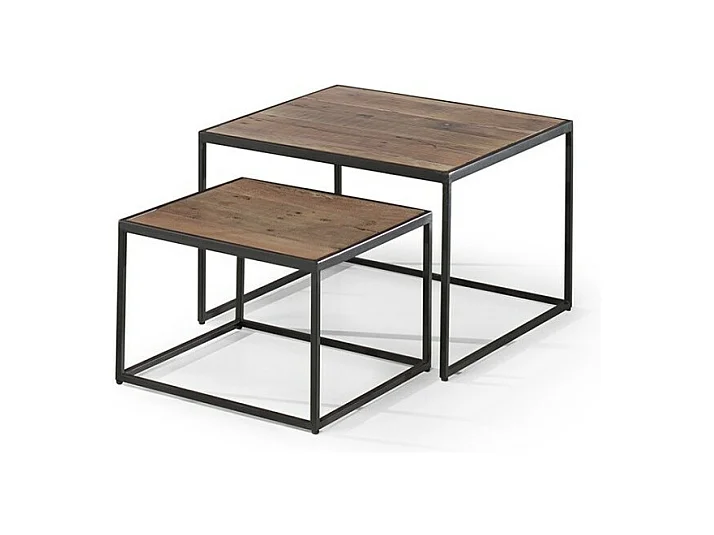 Lot de 2 tables basses gigognes RUBIK – Bois massif Mangolia et métal noir – Style contemporain