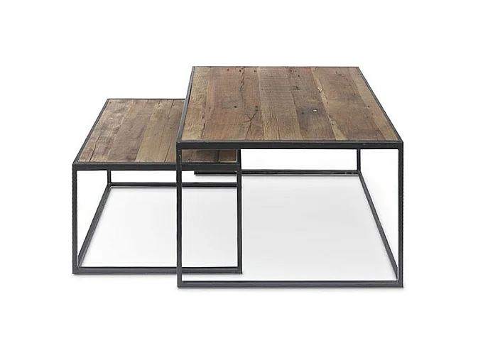 Lot de 2 tables basses gigognes RUBIK – Bois massif Mangolia et métal noir – Style contemporain