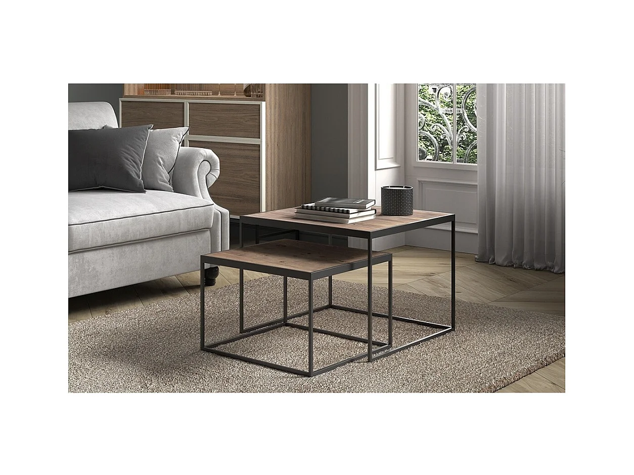 Lot de 2 tables basses gigognes RUBIK – Bois massif Mangolia et métal noir – Style contemporain
