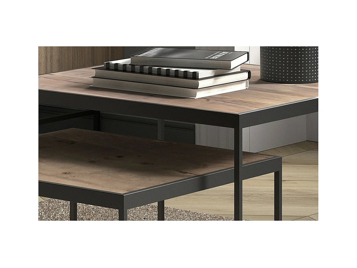 Lot de 2 tables basses gigognes RUBIK – Bois massif Mangolia et métal noir – Style contemporain