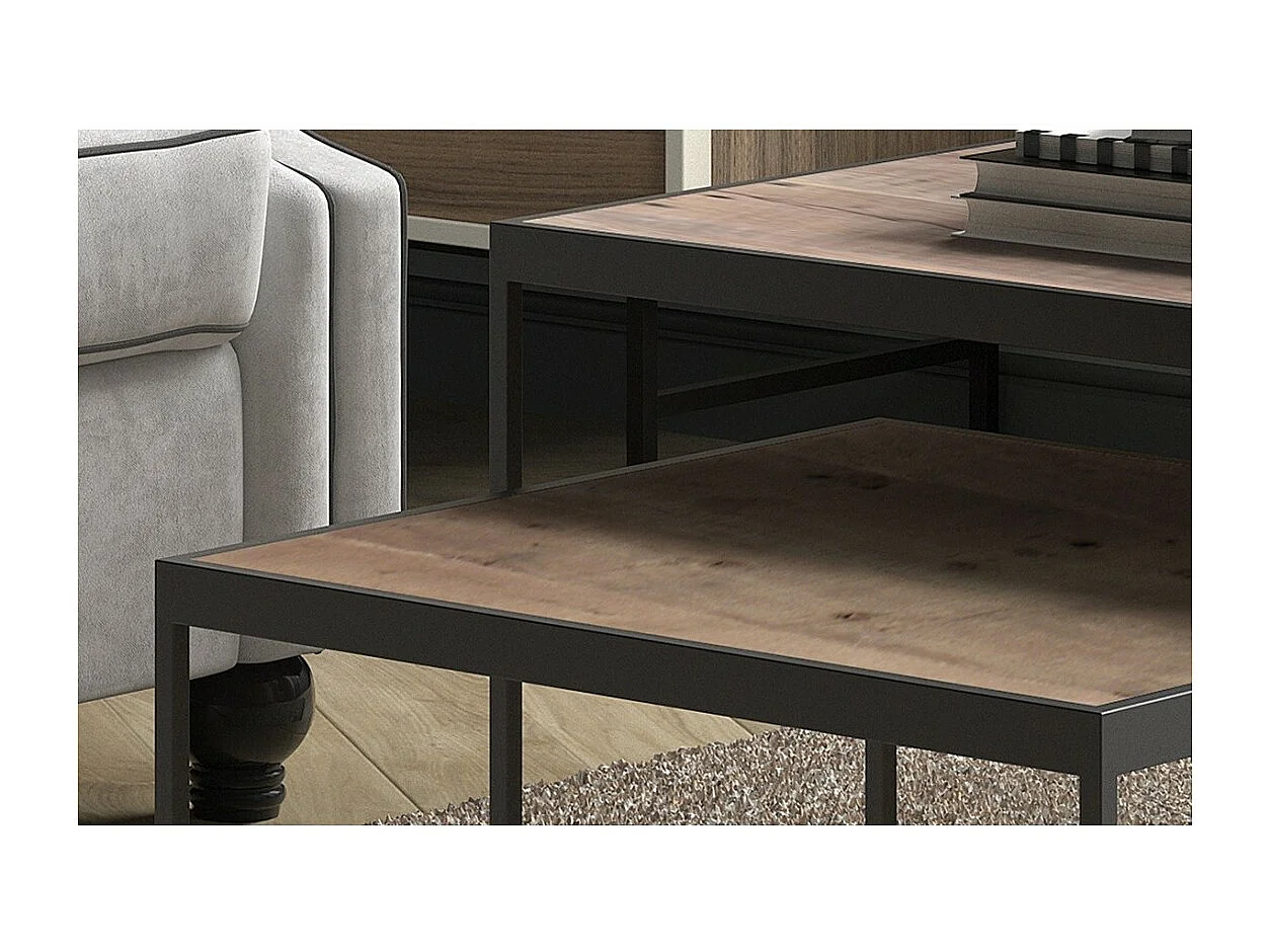 Lot de 2 tables basses gigognes RUBIK – Bois massif Mangolia et métal noir – Style contemporain