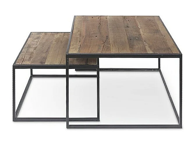 Lot de 2 tables basses gigognes RUBIK – Bois massif Mangolia et métal noir – Style contemporain