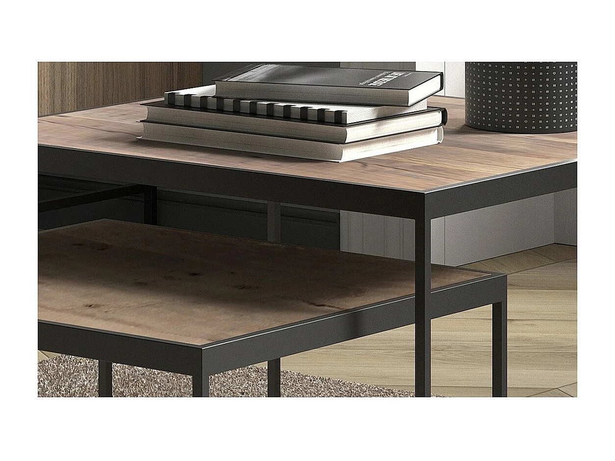 Lot de 2 tables basses gigognes RUBIK – Bois massif Mangolia et métal noir – Style contemporain