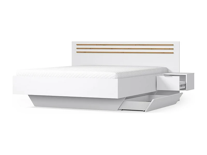 Pack cama FLORENCE – 180x200 cm – Con somier + 2 cajones – Mesitas integradas – Blanco y roble