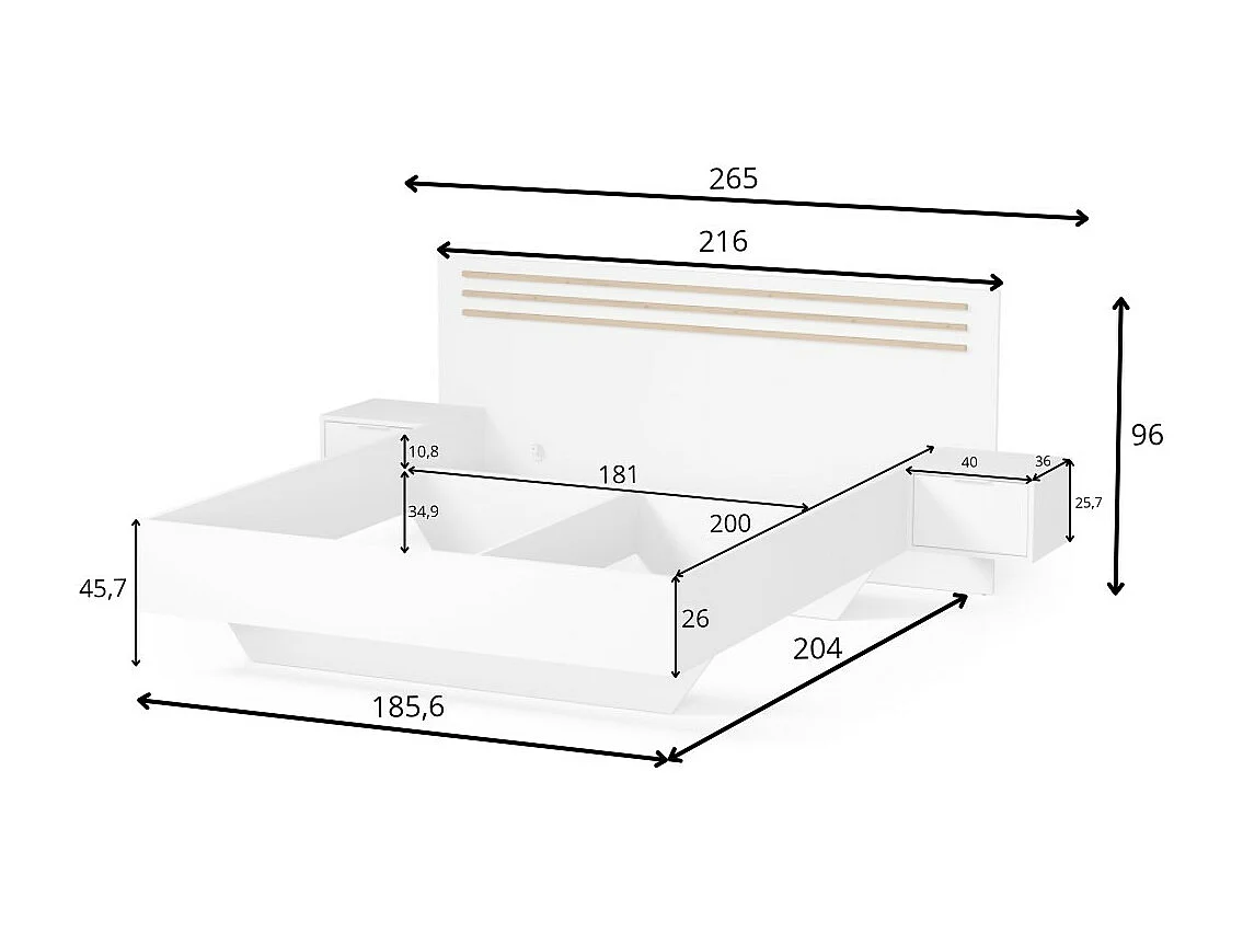 Pack cama FLORENCE – 180x200 cm – Com sommier + 2 gavetas – Mesas de cabeceira integradas – Branco e carvalho