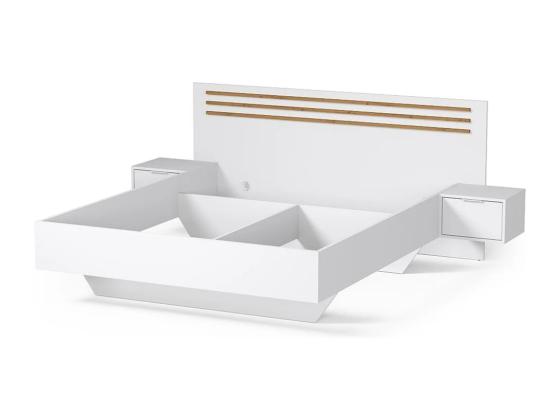 Pack cama FLORENCE – 180x200 cm – Com sommier + 2 gavetas – Mesas de cabeceira integradas – Branco e carvalho