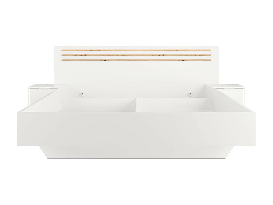 Pack cama FLORENCE – 180x200 cm – Com sommier + 2 gavetas – Mesas de cabeceira integradas – Branco e carvalho
