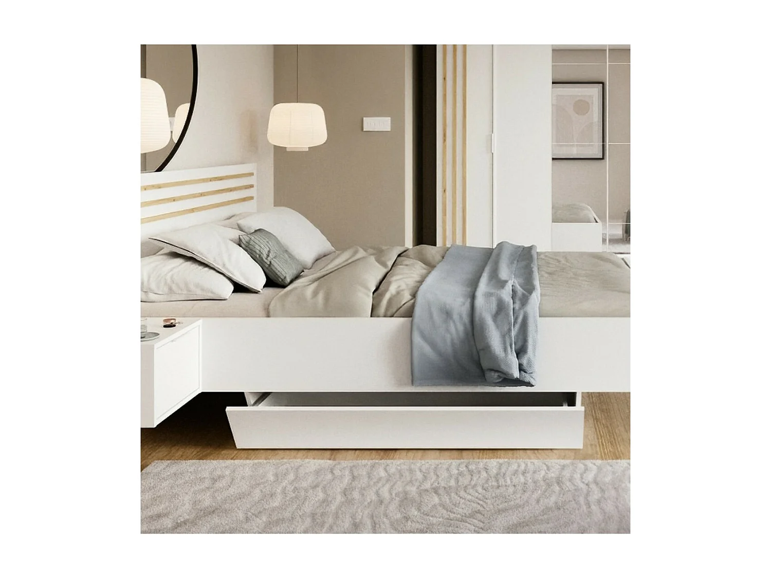 Pack cama FLORENCE – 180x200 cm – Com sommier + 2 gavetas – Mesas de cabeceira integradas – Branco e carvalho