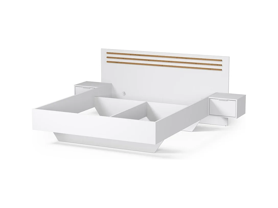 Pack cama FLORENCE – 160x200 cm – Con somier + 2 cajones – Mesitas integradas – Blanco y roble