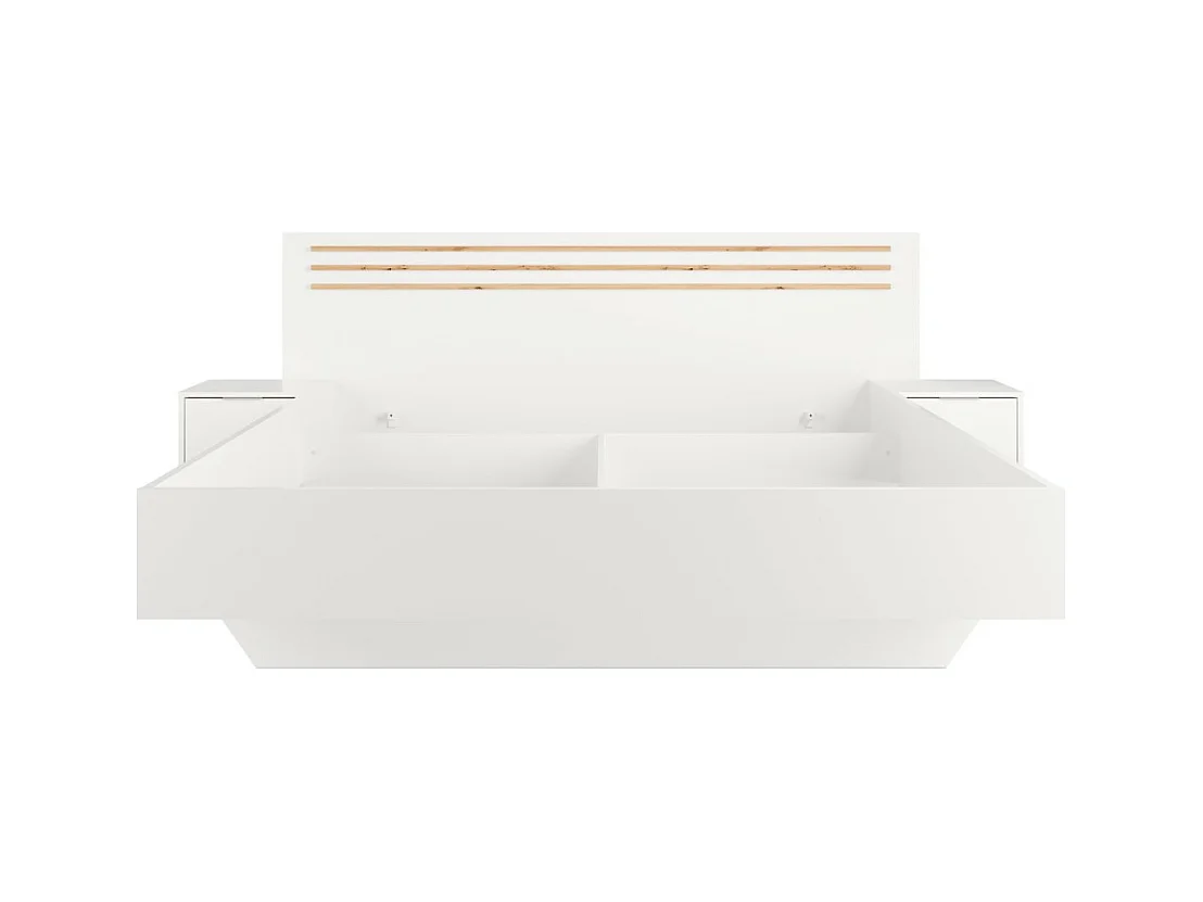 Pack cama FLORENCE – 160x200 cm – Con somier + 2 cajones – Mesitas integradas – Blanco y roble