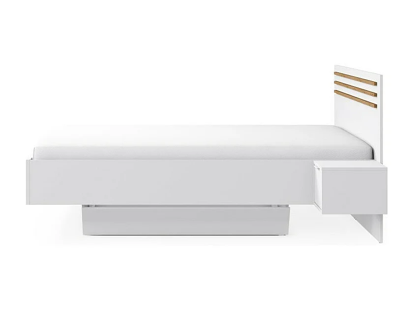 Pack cama FLORENCE – 160x200 cm – Con somier + 2 cajones – Mesitas integradas – Blanco y roble