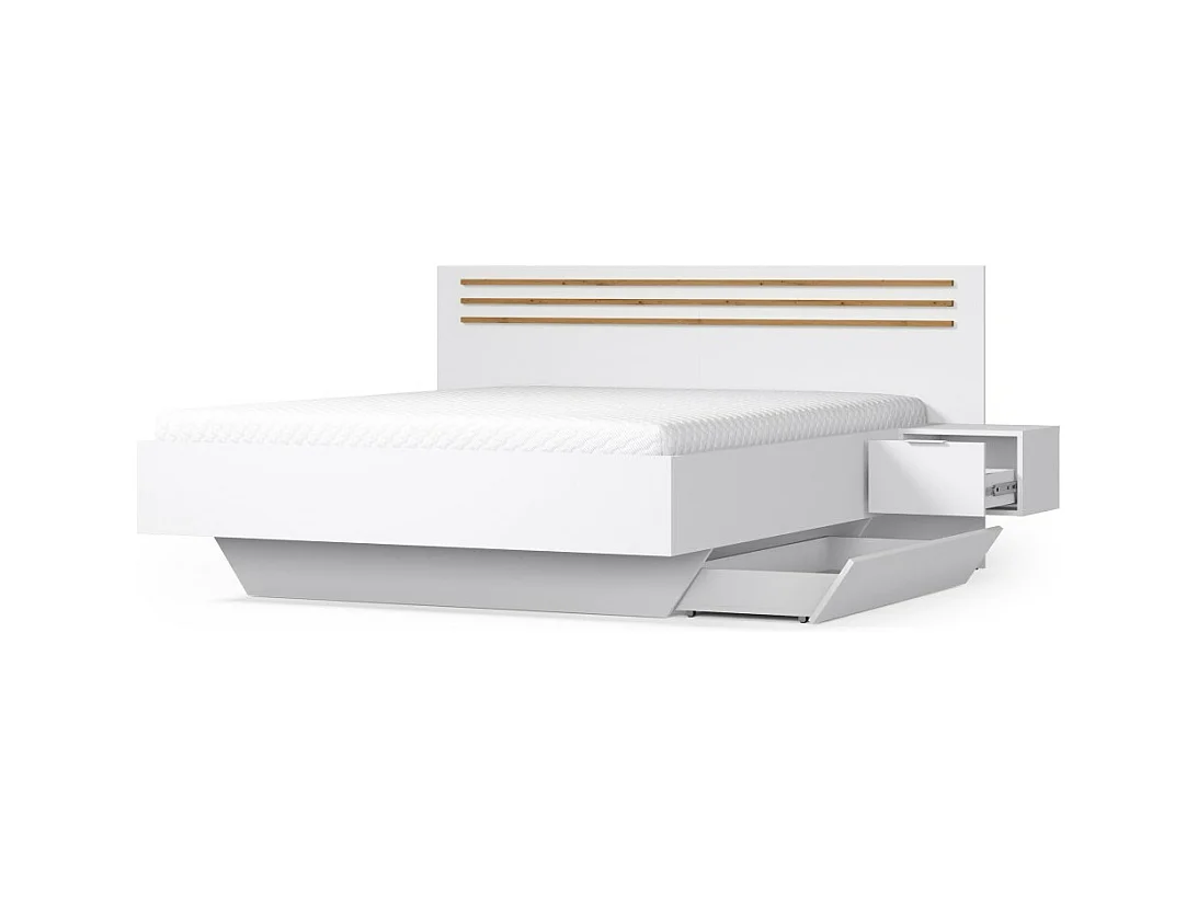 Pack cama FLORENCE – 160x200 cm – Com estrado + 2 gavetas – Criados-mudos integrados – Branco e carvalho