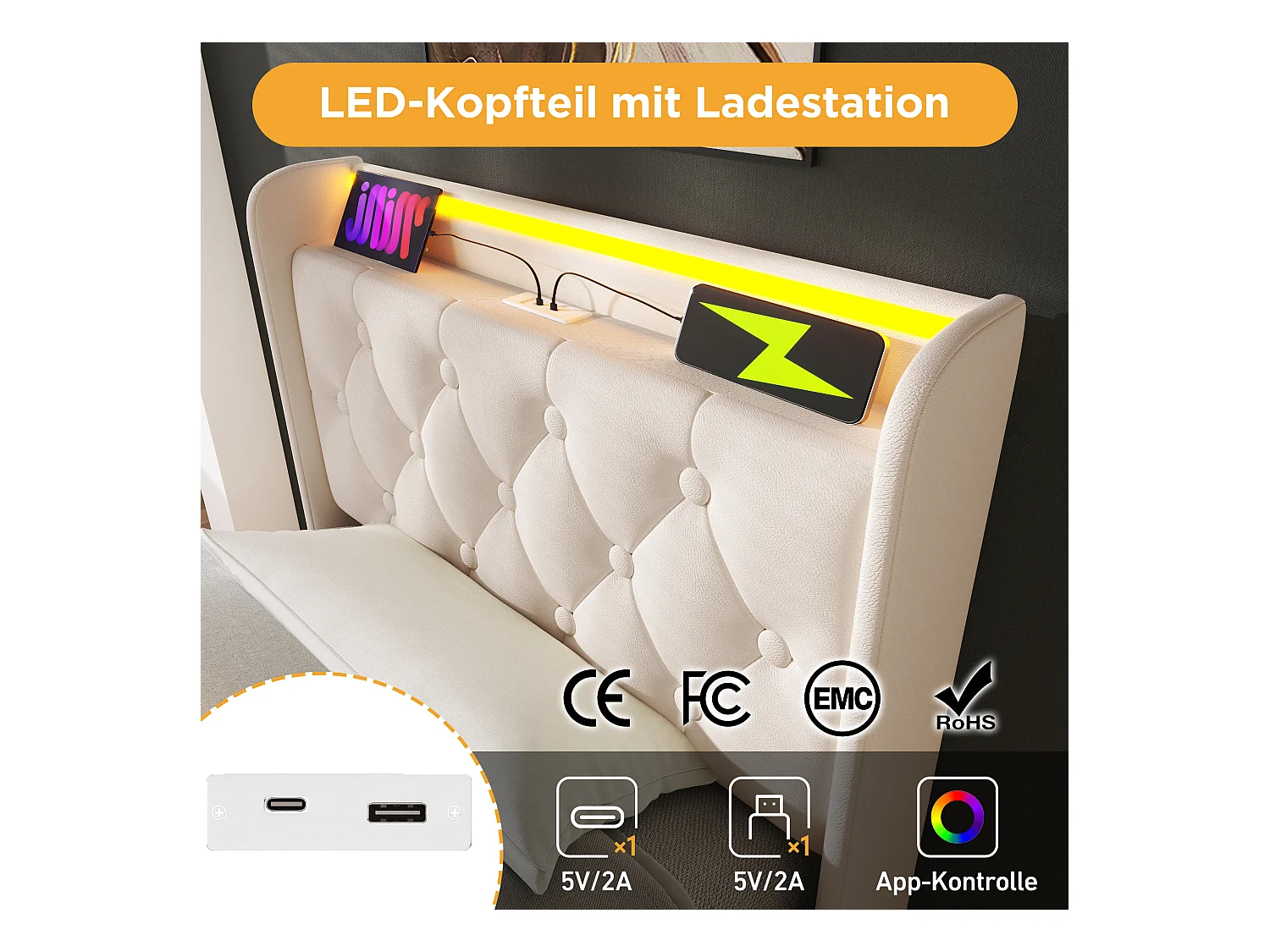 Cama infantil estofada com compartimentos - 90 x 200 cm - Colchão + Leds + Cabeceira com USB - Couro PU - Branco