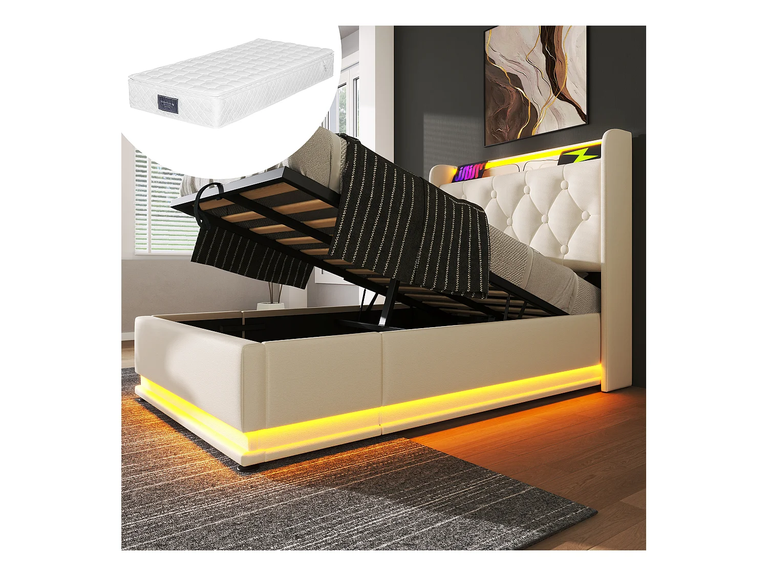 Lit coffre rembourré pour enfant - 90 x 200 cm - Matelas + Leds + Tête avec USB - Cuir PU - Blanc