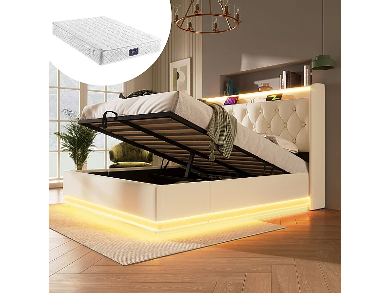 Lit coffre double rembourré - 160 x 200 cm - Matelas + Leds + Tête avec USB - Cuir PU - Blanc