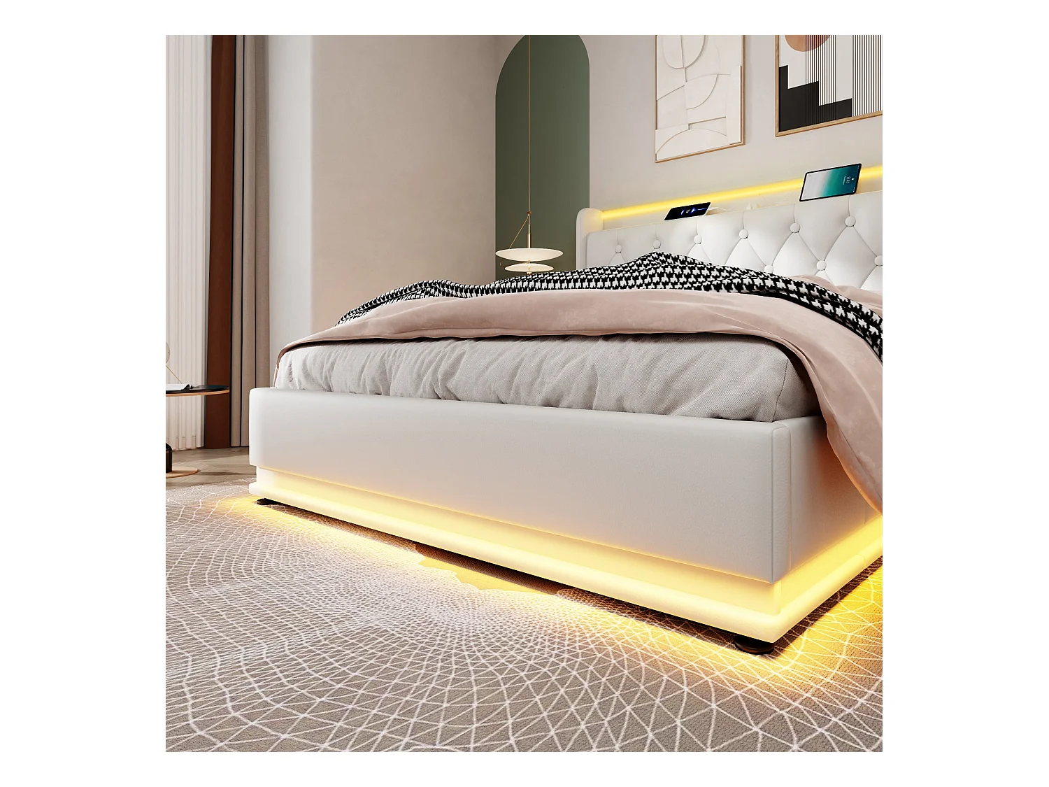 Łóżko tapicerowane podwójne ze schowkiem - 160 x 200 cm - Materac + Leds + Zagłówek z USB - Skóra PU - Biały