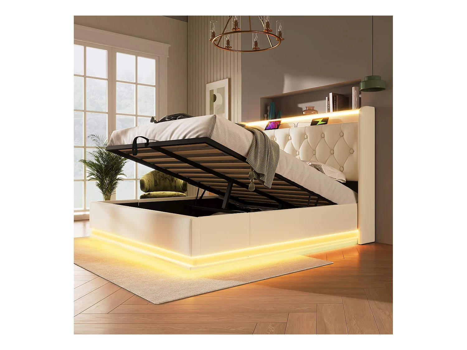 Łóżko tapicerowane podwójne ze schowkiem - 160 x 200 cm - Materac + Leds + Zagłówek z USB - Skóra PU - Biały