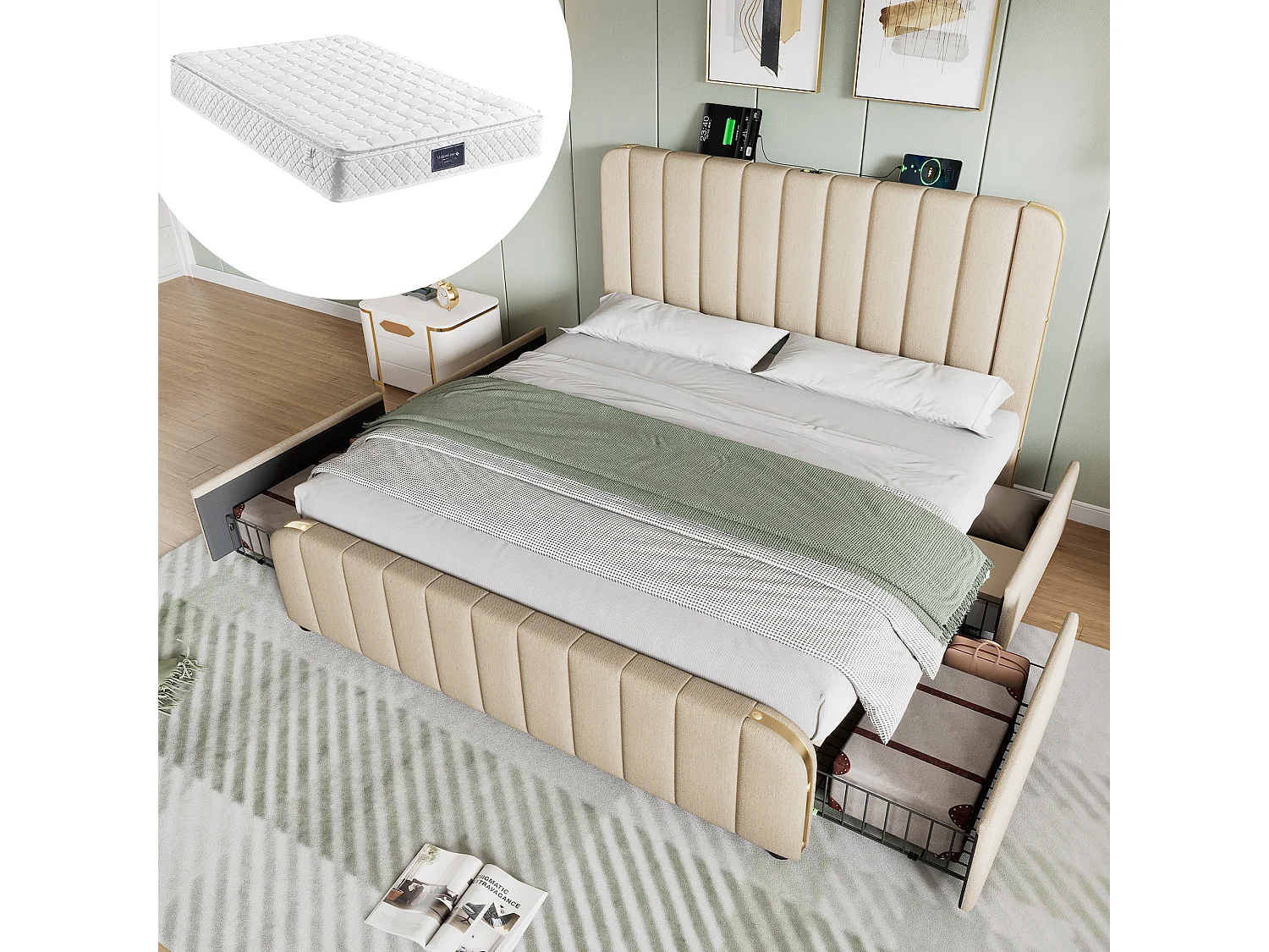 Lit coffre double rembourré - 140 x 200 cm - Matelas + 4 tiroirs + Tête avec USB - Tissu lin - Beige