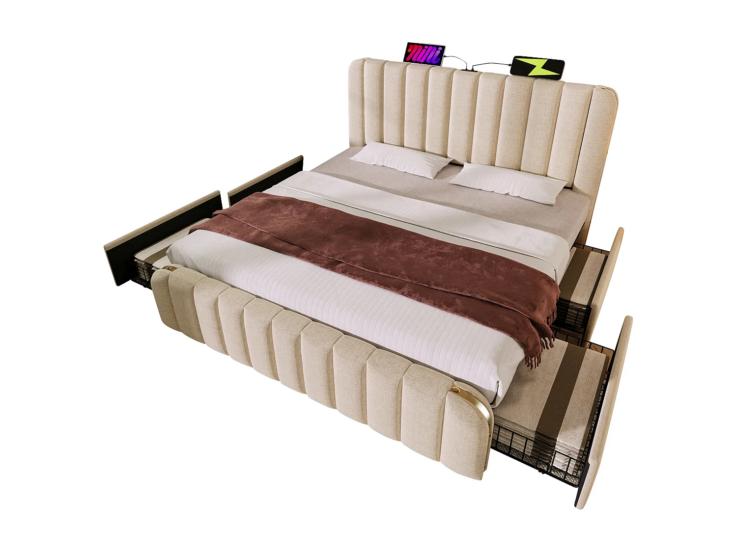 Lit coffre double rembourré - 140 x 200 cm - Matelas + 4 tiroirs + Tête avec USB - Tissu lin - Beige