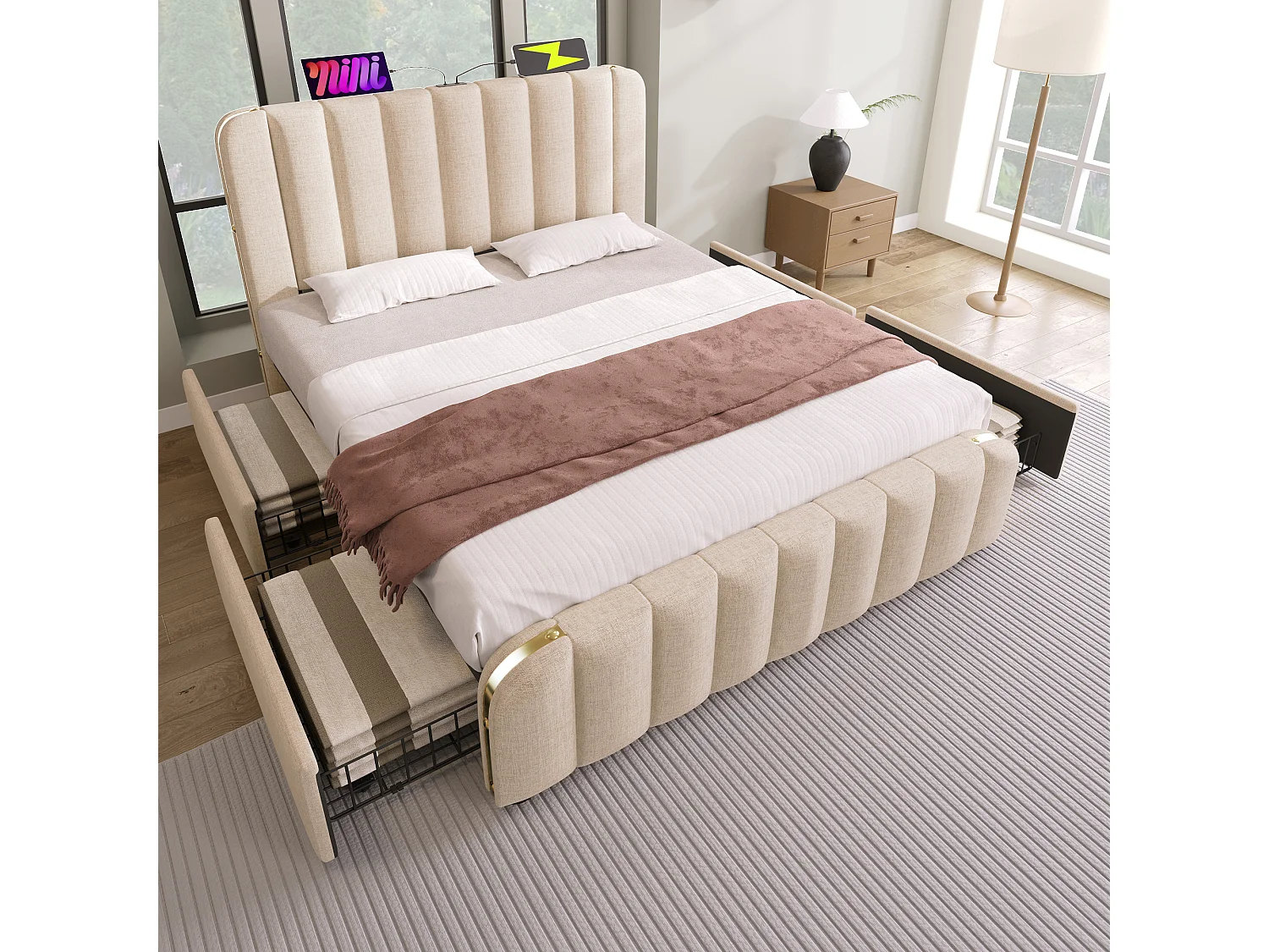 Lit coffre double rembourré - 140 x 200 cm - Matelas + 4 tiroirs + Tête avec USB - Tissu lin - Beige