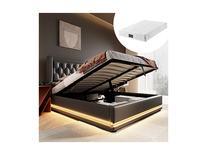 Lit coffre double rembourré - 160 x 200 cm - Matelas + Leds + Tête avec USB - Cuir PU - Noir