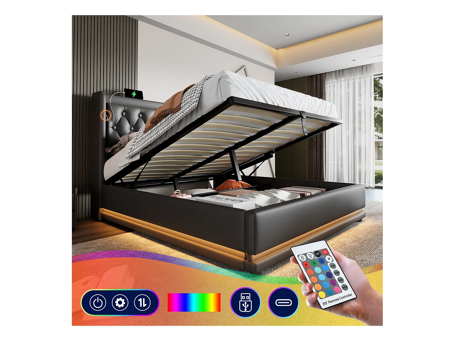 Gepolstertes Doppelbett mit Stauraum – 160 x 200 cm – Matratze + Leds + Kopfteil mit USB – PU-Ledser – Schwarz