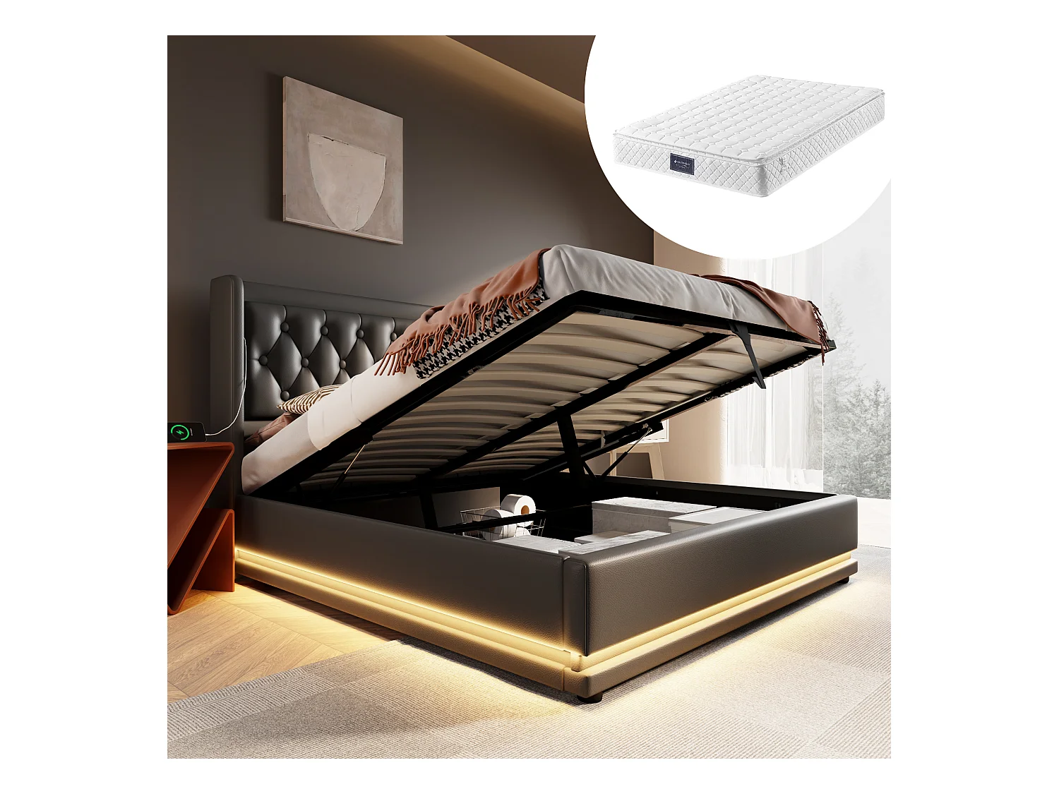 Lit coffre double rembourré - 160 x 200 cm - Matelas + Leds + Tête avec USB - Cuir PU - Noir