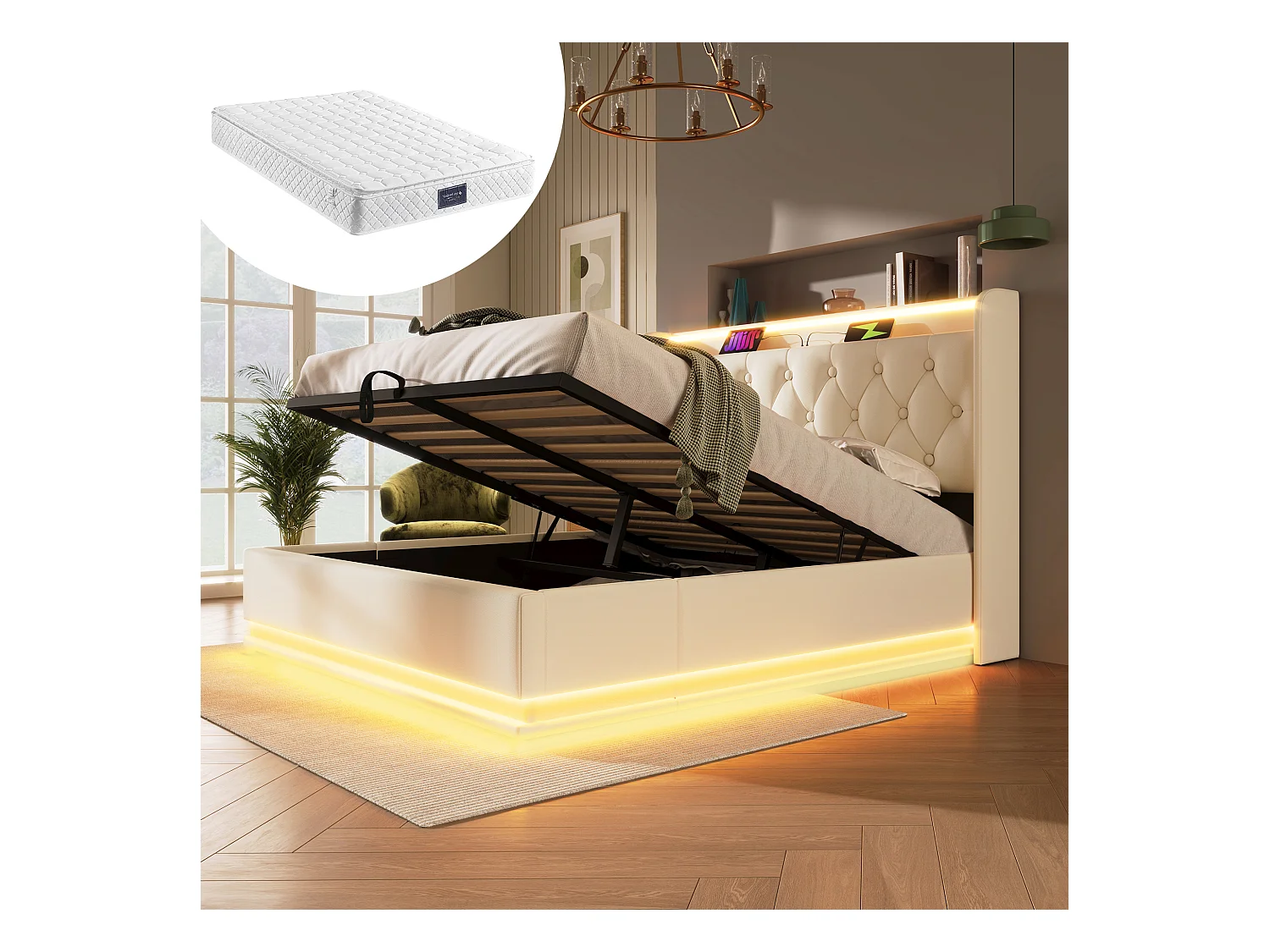 Łóżko tapicerowane podwójne ze schowkiem - 140 x 200 cm - Materac + Leds + Zagłówek z USB - Skóra PU - Biały