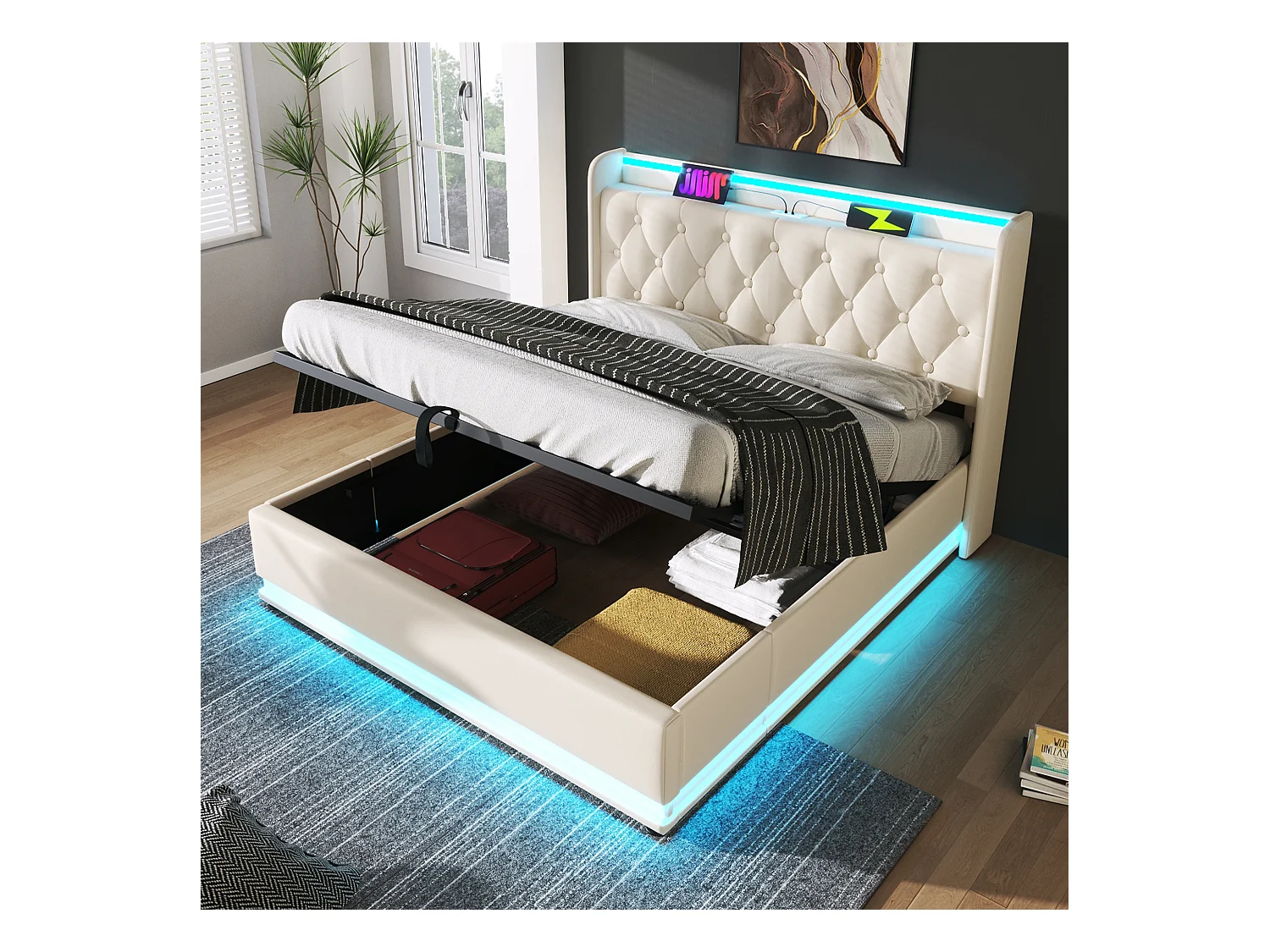 Łóżko tapicerowane podwójne ze schowkiem - 140 x 200 cm - Materac + Leds + Zagłówek z USB - Skóra PU - Biały