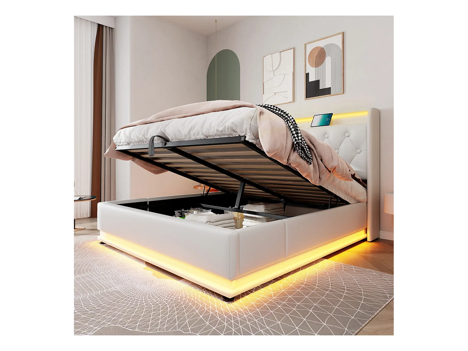 Łóżko tapicerowane podwójne ze schowkiem - 140 x 200 cm - Materac + Leds + Zagłówek z USB - Skóra PU - Biały