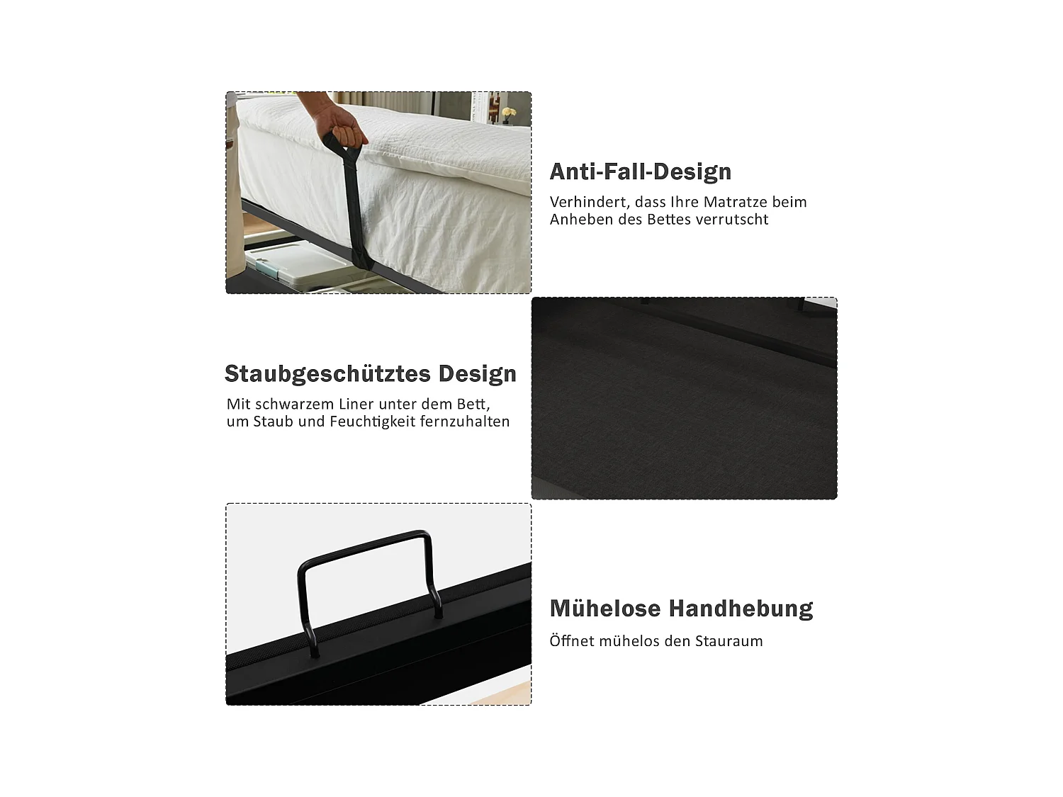 Gestoffeerd tweepersoonsbed met opbergruimte - 160 x 200 cm - Matras + Leds + Hoofdbord met USB - Massief hout en katoen - Grijs